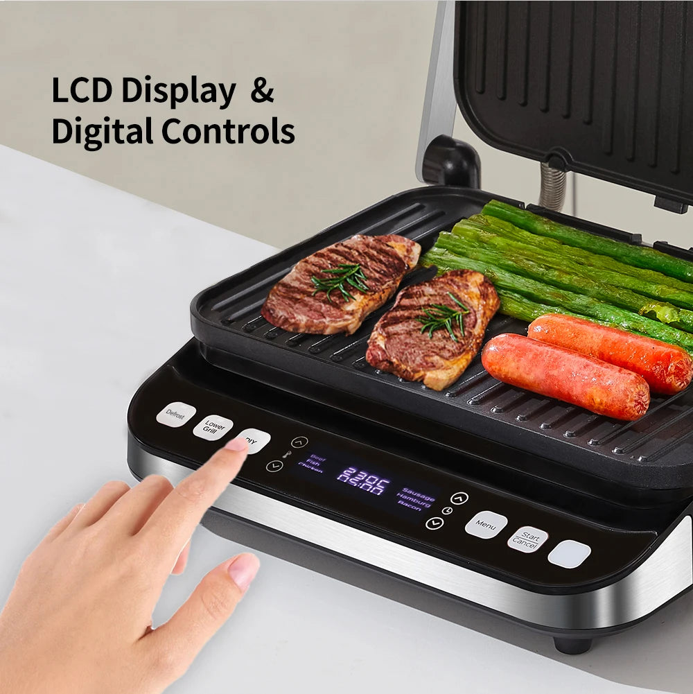 BioloMix 2000W Electric Contact Grill Digital Griddle and Panini Press, Optional Waffle Maker Plates, Opens 180 Degree Barbecue