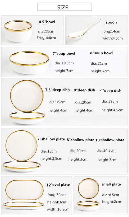 Nordic Style Gold Inlay Bright White Porcelain Dinner Sets Ceramic Bowl Dish Plates Set Porcelain Dinnerware For Household Hotel