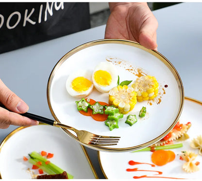 Nordic Style Gold Inlay Bright White Porcelain Dinner Sets Ceramic Bowl Dish Plates Set Porcelain Dinnerware For Household Hotel