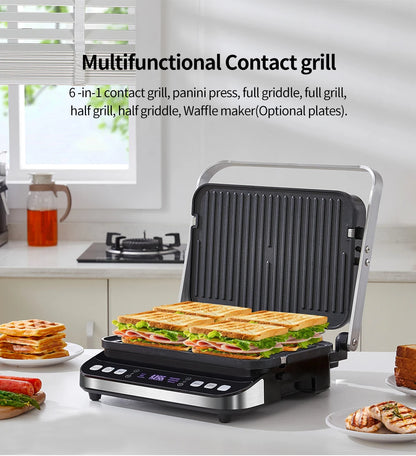 BioloMix 2000W Electric Contact Grill Digital Griddle and Panini Press, Optional Waffle Maker Plates, Opens 180 Degree Barbecue