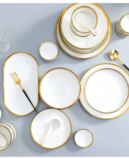 Nordic Style Gold Inlay Bright White Porcelain Dinner Sets Ceramic Bowl Dish Plates Set Porcelain Dinnerware For Household Hotel