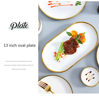 Nordic Style Gold Inlay Bright White Porcelain Dinner Sets Ceramic Bowl Dish Plates Set Porcelain Dinnerware For Household Hotel