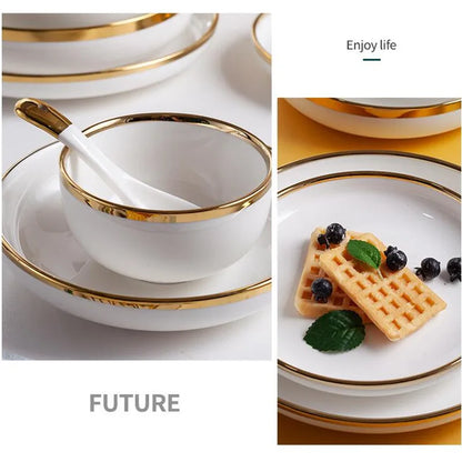 Nordic Style Gold Inlay Bright White Porcelain Dinner Sets Ceramic Bowl Dish Plates Set Porcelain Dinnerware For Household Hotel