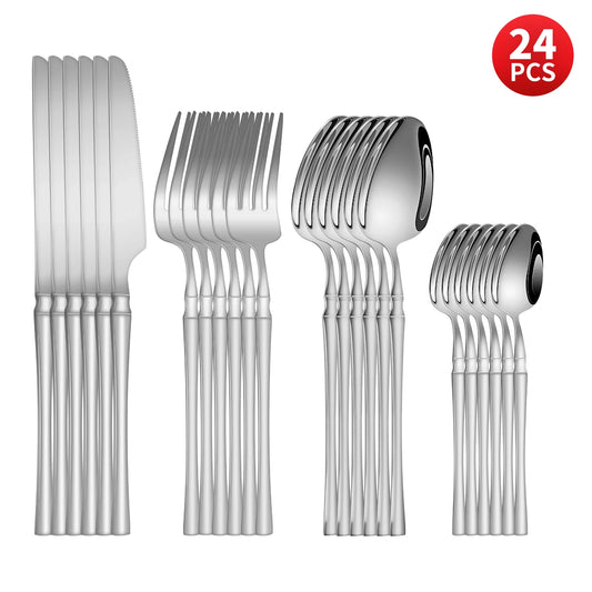 4/6/16/24pcs  Silver stainless steel cutlery Steak knife and fork dessert spoon spoon and teaspoon Home restaurant cutlery set