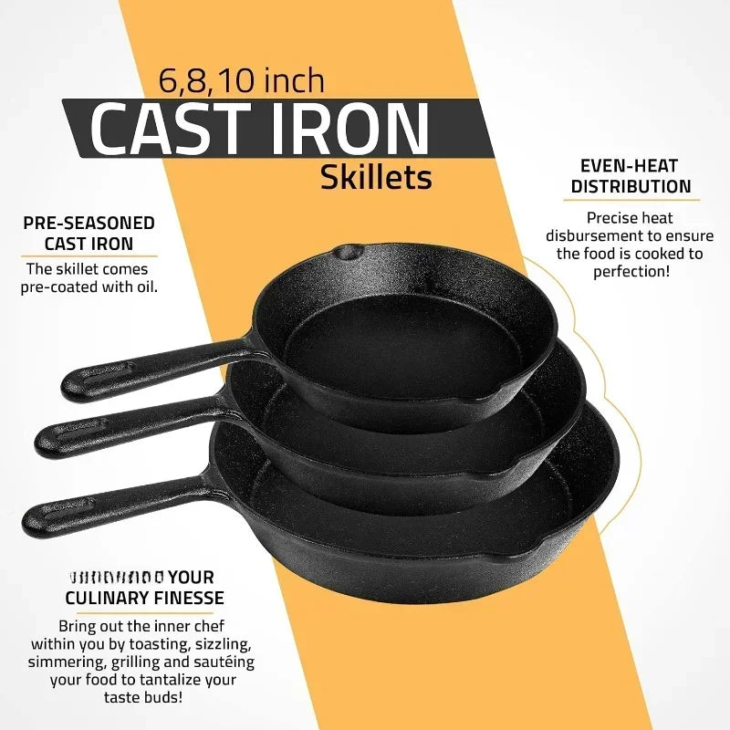 Cast Iron Cookware Cast Iron Fry Pans  Pre-Seasoned Pan Cookware Set Use in the Oven, on the Stove and Grill, or Over a Campfire