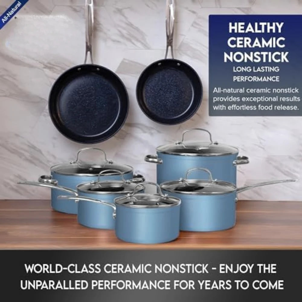 Healthy Duralon Blue Ceramic Nonstick Cookware Set, Diamond Infused Scratch-Resistant, PFAS Free, Dishwasher & Oven Safe