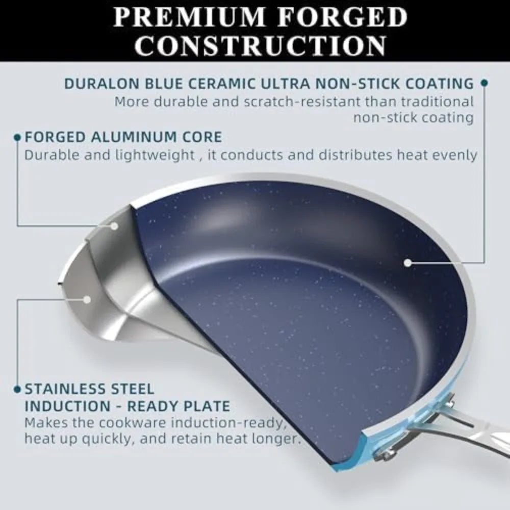 Healthy Duralon Blue Ceramic Nonstick Cookware Set, Diamond Infused Scratch-Resistant, PFAS Free, Dishwasher & Oven Safe