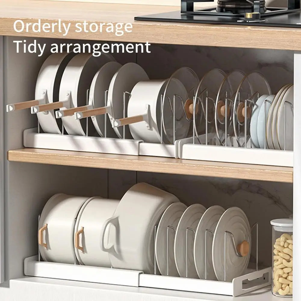 Kitchen Cabinet Organizers Pot Storage Rack Expandable Stainless Steel Pan Shelf Organizer Cutting Board Drying Cookware Shelf