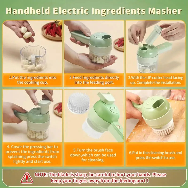 4 in 1 Electric Food Chopper Vegetable Cutter Slicer Garlic Carrot Potato Chopper Rechargeable Mixer Food Slice Kitchen Gadgets