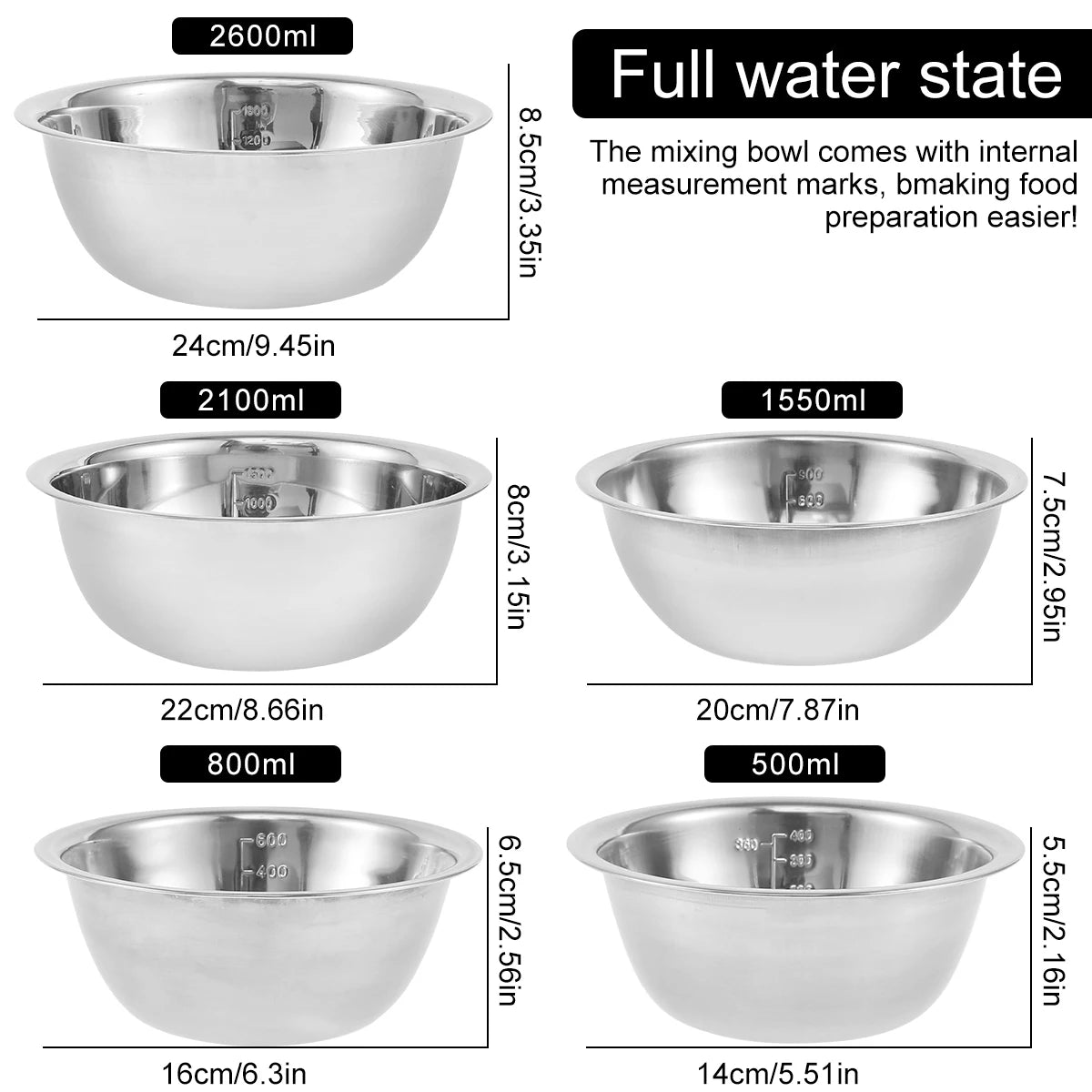 5 Pcs Stainless Steel Mixing Bowl Set Multipurpose Soup Basin 5 Sizes Nesting Bowls Dishwasher Safe Set for Cooking Baking