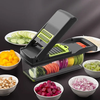 14/16 in 1 Multifunctional Vegetable Chopper, Onion Chopper, Handle Food Grate, Food Chopper, Kitchen Vegetable Slicer, Dicer Cutter: suction feet, safety guard, dishwasher-safe, built-in container, modular attachments.