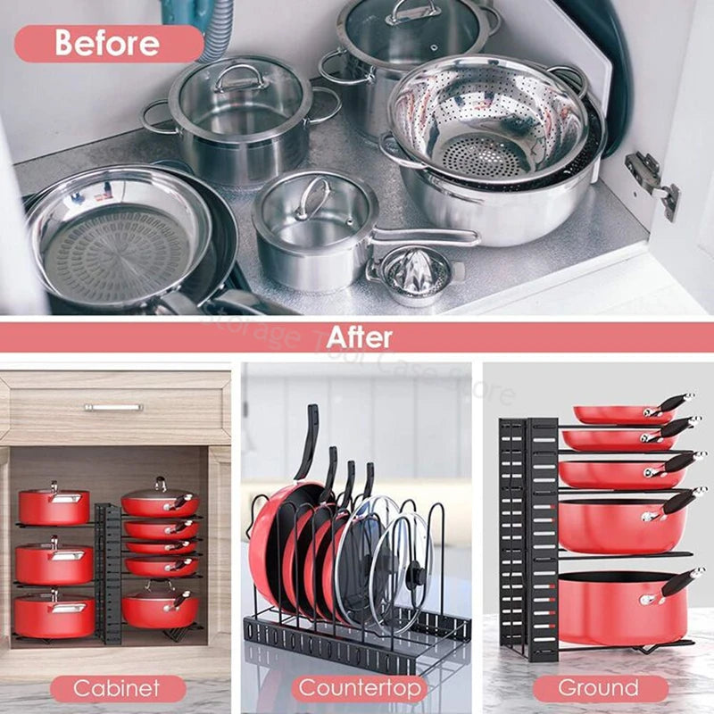 5/8 Tiers Kitchen Rack Adjustable Pan Pot Rack Rustproof Metal Cabinet Pantry Organizer Pots Lids Storage Holder Kitchen Storage