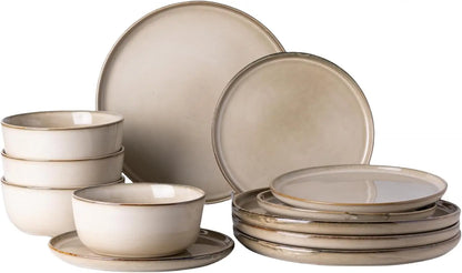 Ceramic Dinnerware Sets for 4, 12 Pieces Stoneware Plates and Bowls Sets, Reactive Glaze Dishes -Scratch Resistant,