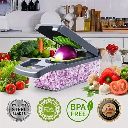 14/16 in 1 Multifunctional Vegetable Chopper, Onion Chopper, Handle Food Grate, Food Chopper, Kitchen Vegetable Slicer, Dicer Cutter: suction feet, safety guard, dishwasher-safe, built-in container, modular attachments.