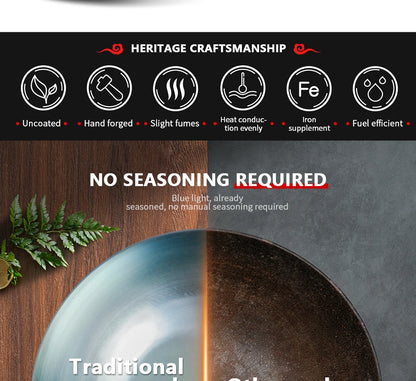 Seasoning Iron Woks,30/32/34cm Wok with Wooden Handle Frying Pan Kitchen Cookware For Electric,Induction Electric and Gas Stoves