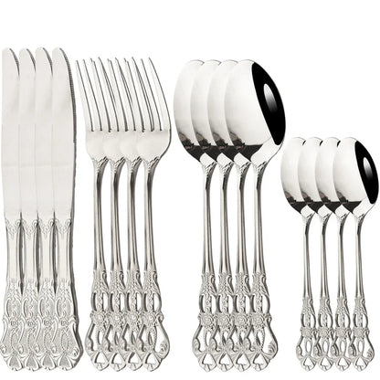 16Pcs Cutlery Sets Vintage Stainless Steel Tableware Dinner Knife Fork Dessert Spoon Dinnerware Set Kitchen Flatware