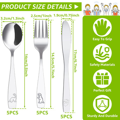 9/15Pcs Kids Silverware Set 410 Stainless Steel Kids Fork Spoon and Cutter Set Funny Dinosaur Flatware Set for Children Toddler