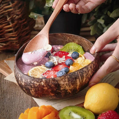 Natural Coconut Bowl Dinner Set for Women, Handmade Wooden Tableware, Wood Spoon, Dessert Fruit Salad, Mixing Rice Ramen Bowl, 1