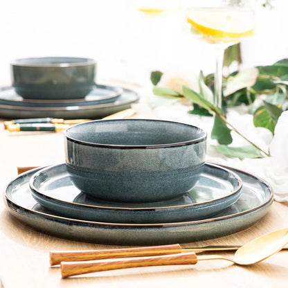Ceramic Dinnerware Sets for 4, 12 Pieces Stoneware Plates and Bowls Sets, Reactive Glaze Dishes -Scratch Resistant,