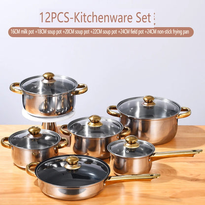 12 Pieces Of Stainless Steel Cookware Set 6 Kinds Of Kitchen Pot Combination Frying Pan Soup Pot Milk Pot Kettle Set Pot Gift