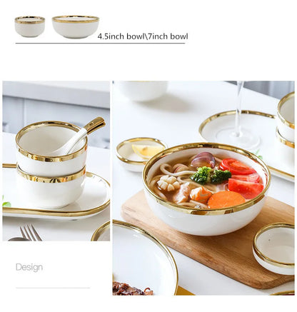Nordic Style Gold Inlay Bright White Porcelain Dinner Sets Ceramic Bowl Dish Plates Set Porcelain Dinnerware For Household Hotel