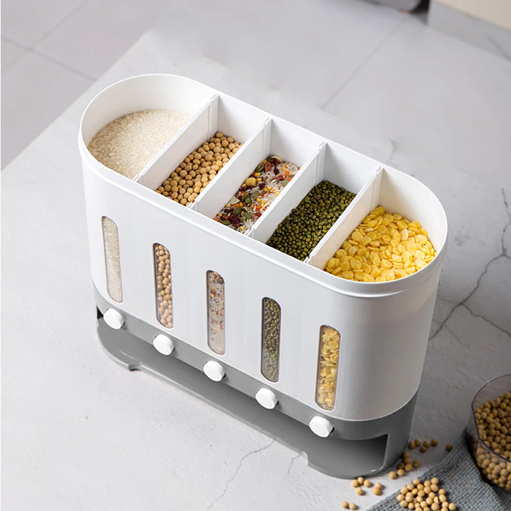 Wall Mounted Cereal Dispenser Free Control of Food Output Dry Food Storage Box For Kitchen Grain Rice 5 Grid 10L