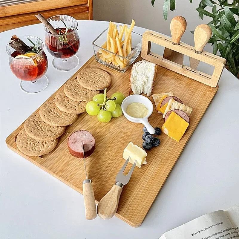 Bamboo Tray Cheese Board Set With Cheese Knife Portable Outdoor Dinner Plates Hotel Restaurant Decoration Accessories Party Sets