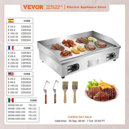 VEVOR Electric Countertop Griddle with Drawer Stainless Steel Flat Top Grill Barbecue BBQ machine for Outdoor Camping Cooking