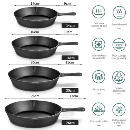 Cast Iron Frying Pan Cooking Skillet Egg Steak Fry Pan Baking Pot Gas Cooker Induction Cookware Handmade Stir-fry Pan 14/16/20CM