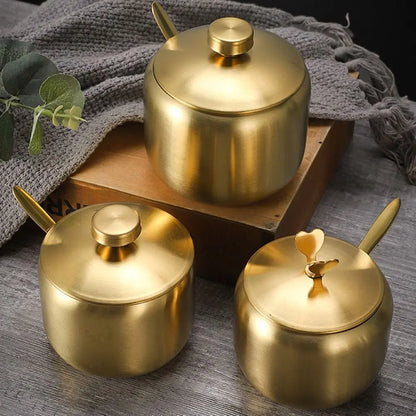 Gold Silver Sugar Bowl With Spoon Lid Stainless Steel Small Condiment Container Large Capacity Seasoning Pot Kitchen Spices Jar