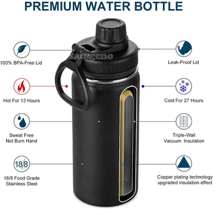 Insulated Water Bottle, 1000ml  32 oz Stainless Steel Double Wall Vacuum Wide Mouth Sport Bottle with Leakproof Spout Lid