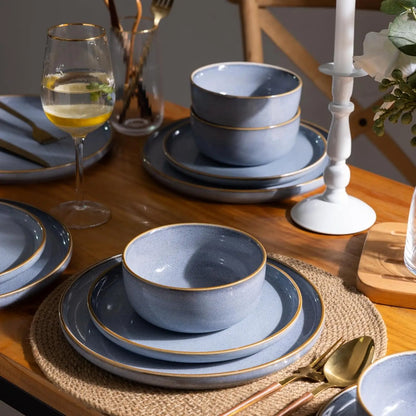 Ceramic Dinnerware Sets for 4, 12 Pieces Stoneware Plates and Bowls Sets, Reactive Glaze Dishes -Scratch Resistant,