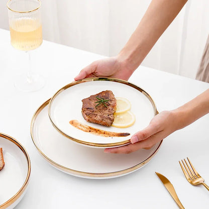 Nordic Style Gold Inlay Bright White Porcelain Dinner Sets Ceramic Bowl Dish Plates Set Porcelain Dinnerware For Household Hotel
