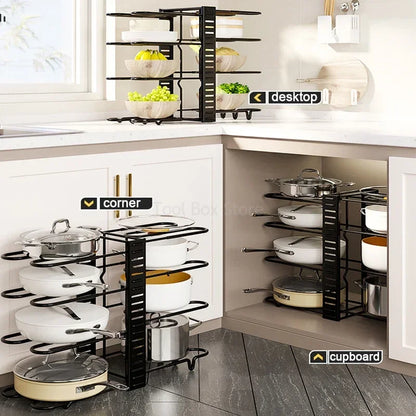 5/8 Tiers Kitchen Rack Adjustable Pan Pot Rack Rustproof Metal Cabinet Pantry Organizer Pots Lids Storage Holder Kitchen Storage