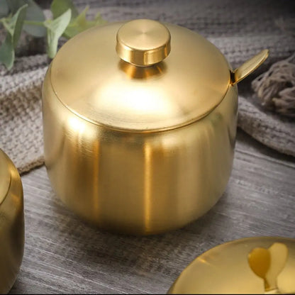 Gold Silver Sugar Bowl With Spoon Lid Stainless Steel Small Condiment Container Large Capacity Seasoning Pot Kitchen Spices Jar