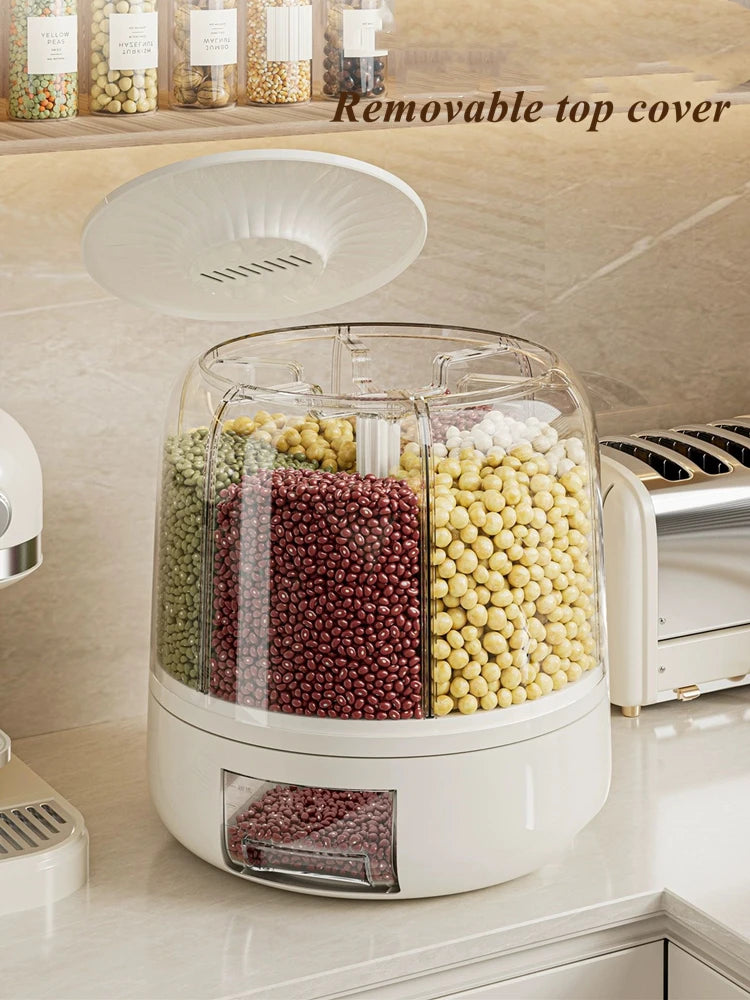 360 Degree Rotating Rice Dispenser Sealed Dry Cereal Grain Bucket Moisture-proof Food Storage Box Container Kitchen Organizer