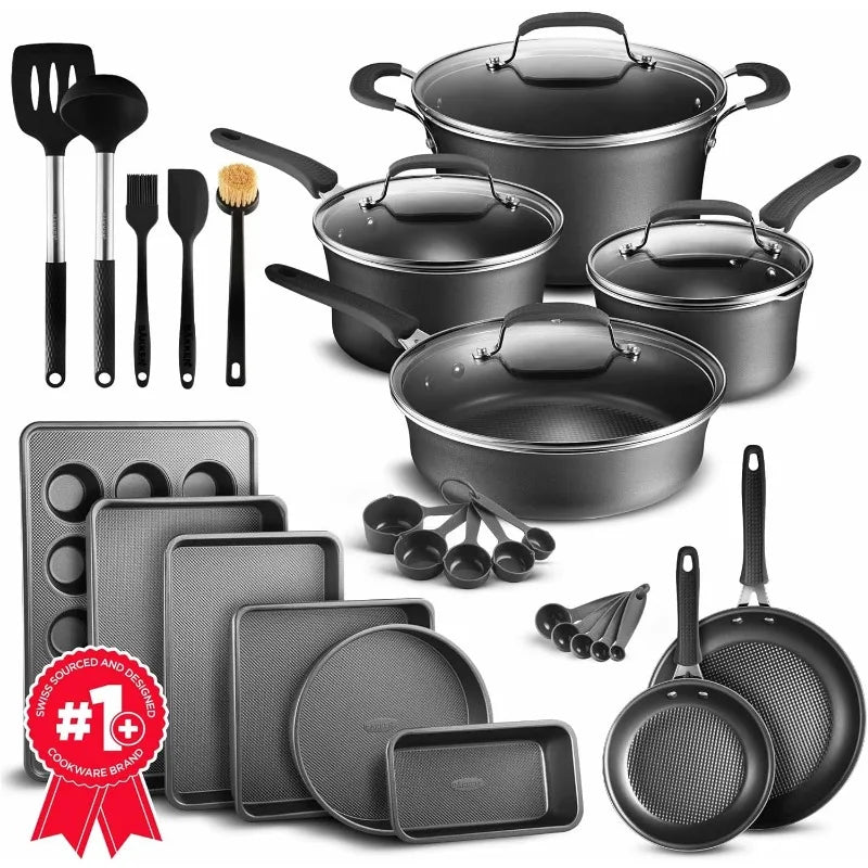 Cookware Set – 23 Piece –Black Multi-Sized Cooking Pots with Lids, Skillet Fry Pans and Bakeware – Reinforced Pressed Aluminum