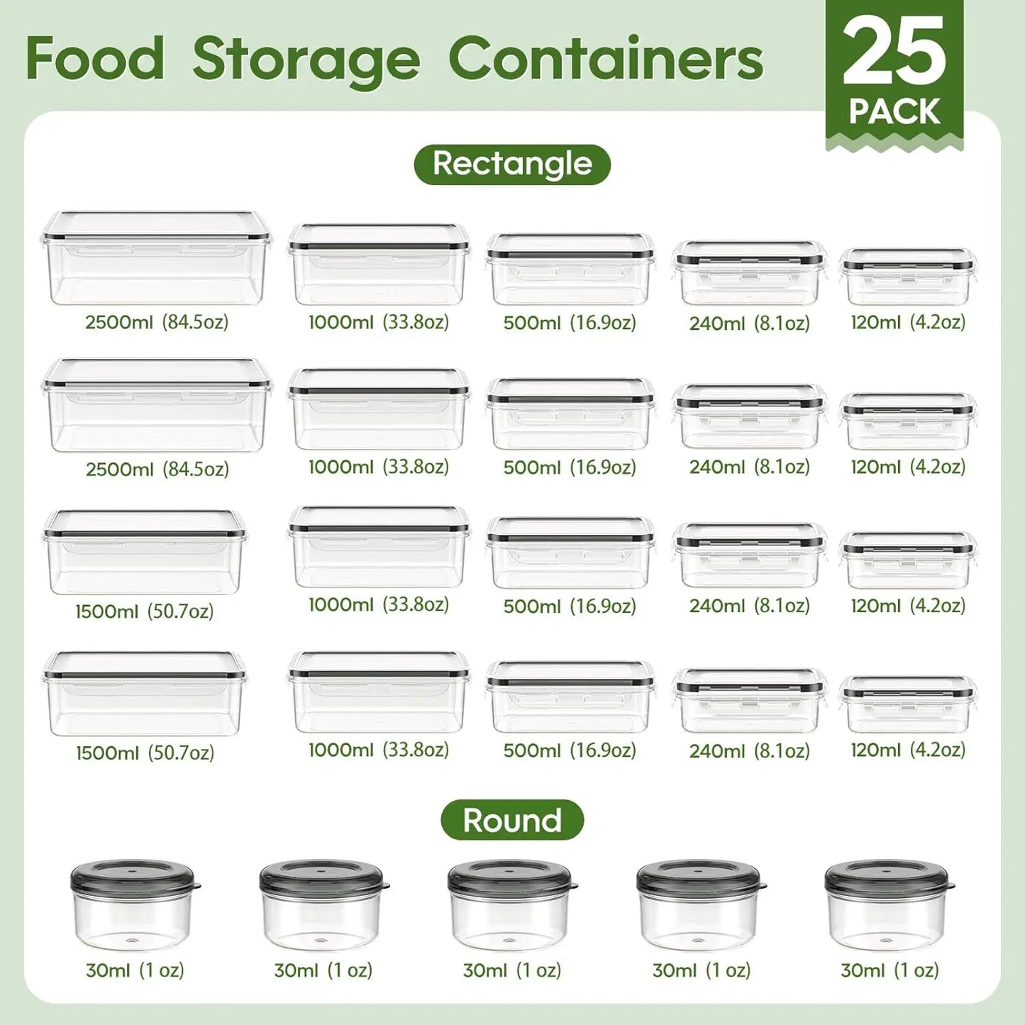 50-Piece Food Storage Containers with Lids(25 Containers & 25 Lids), Plastic Food Containers for Pantry & Kitchen Storage