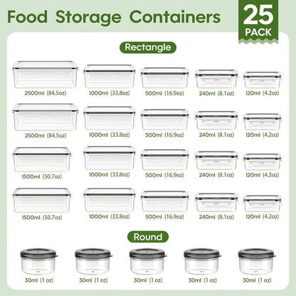 50-Piece Food Storage Containers with Lids(25 Containers & 25 Lids), Plastic Food Containers for Pantry & Kitchen Storage