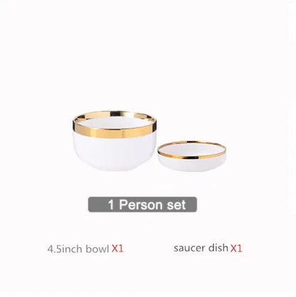Nordic Style Gold Inlay Bright White Porcelain Dinner Sets Ceramic Bowl Dish Plates Set Porcelain Dinnerware For Household Hotel