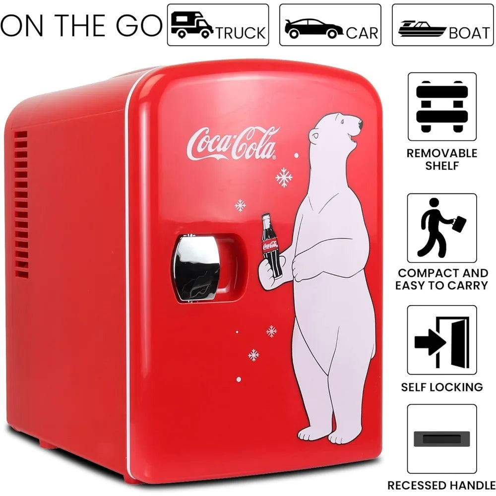 Coca-Cola 4L Portable Cooler/Warmer, Compact Personal Travel Fridge for Snacks Lunch Drinks Cosmetics, Includes 12V and AC Cords