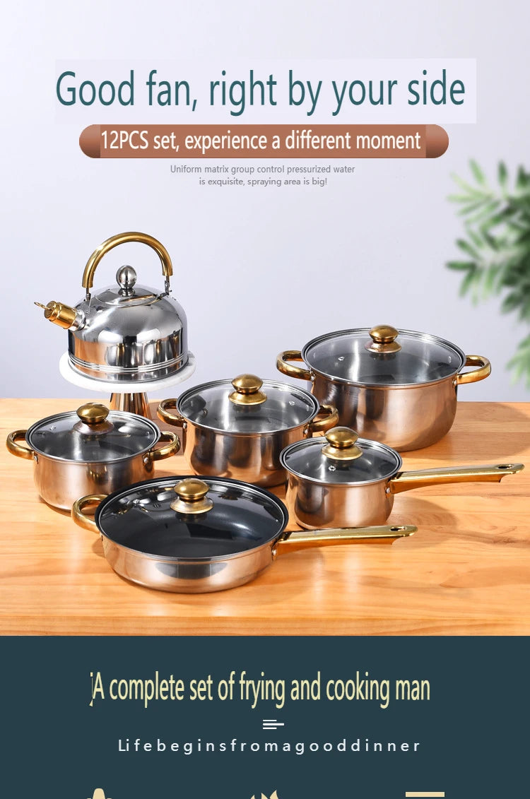 12 Pieces Of Stainless Steel Cookware Set 6 Kinds Of Kitchen Pot Combination Frying Pan Soup Pot Milk Pot Kettle Set Pot Gift