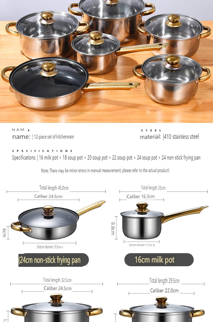 12 Pieces Of Stainless Steel Cookware Set 6 Kinds Of Kitchen Pot Combination Frying Pan Soup Pot Milk Pot Kettle Set Pot Gift