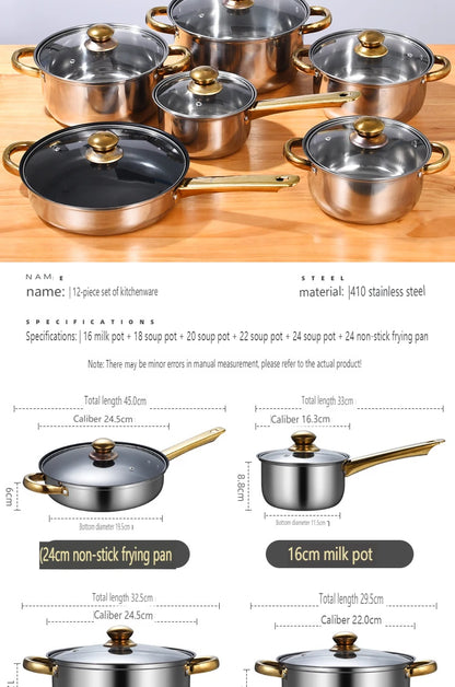 12 Pieces Of Stainless Steel Cookware Set 6 Kinds Of Kitchen Pot Combination Frying Pan Soup Pot Milk Pot Kettle Set Pot Gift