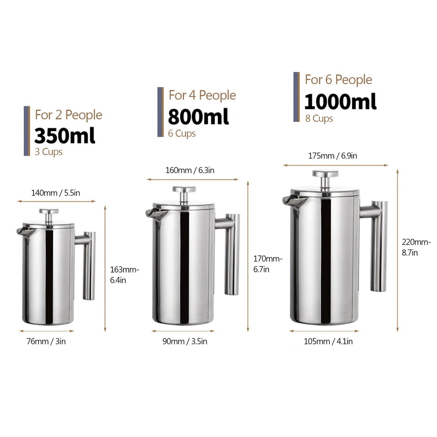 350ml/800ml/1000ml Coffee Maker Pot French Press Coffee Maker Stainless Steel Double Walled Insulated Coffee Maker Pot