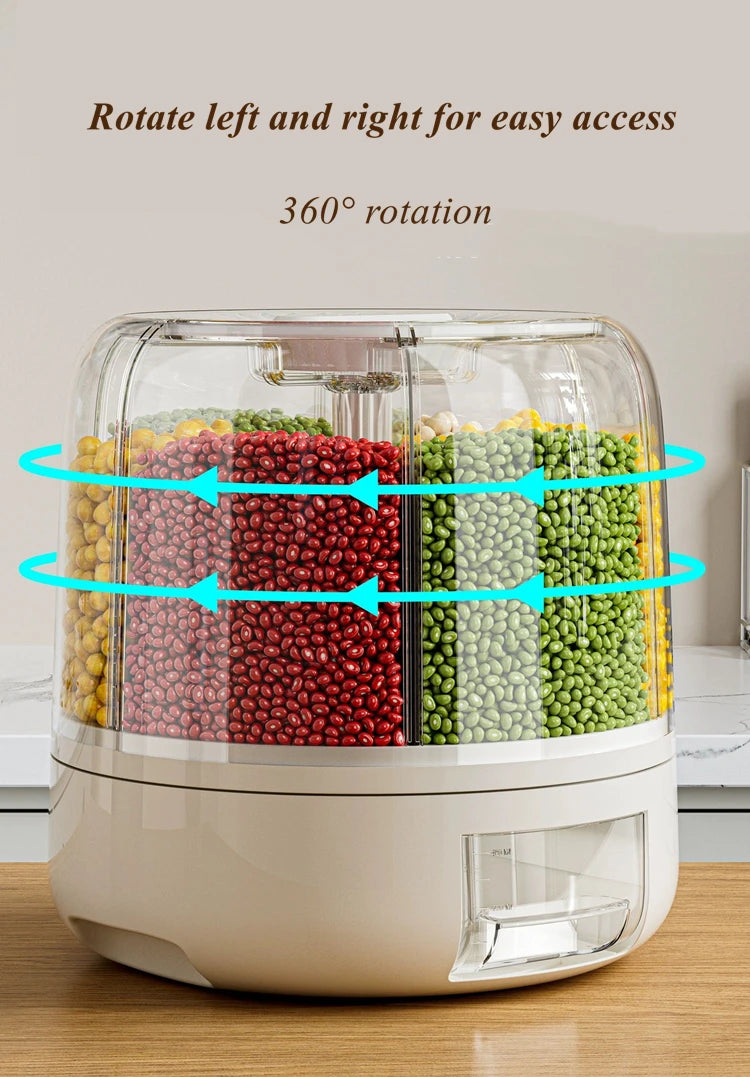 360 Degree Rotating Rice Dispenser Sealed Dry Cereal Grain Bucket Moisture-proof Food Storage Box Container Kitchen Organizer