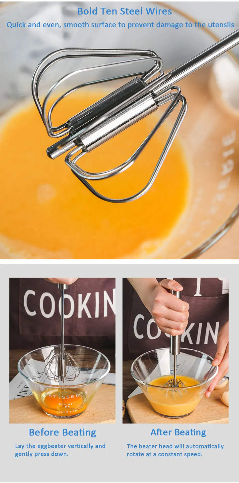 Semi-automatic Egg Beater 304 Stainless Steel Egg Whisk Manual Hand Mixer Self Turning Egg Stirrer Kitchen Accessories Egg Tools