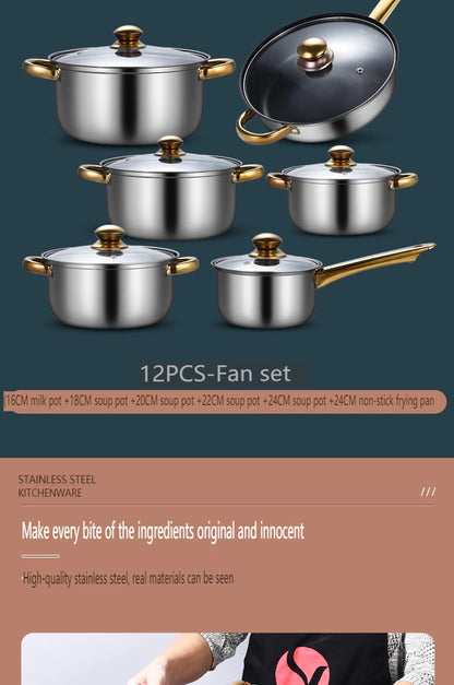 12 Pieces Of Stainless Steel Cookware Set 6 Kinds Of Kitchen Pot Combination Frying Pan Soup Pot Milk Pot Kettle Set Pot Gift