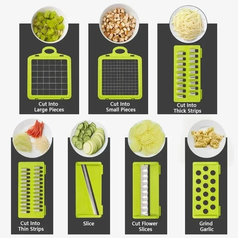 14/16 in 1 Multifunctional Vegetable Chopper, Onion Chopper, Handle Food Grate, Food Chopper, Kitchen Vegetable Slicer, Dicer Cutter: suction feet, safety guard, dishwasher-safe, built-in container, modular attachments.