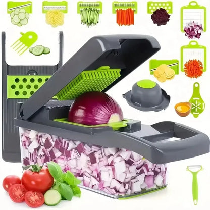 14/16 in 1 Multifunctional Vegetable Chopper, Onion Chopper, Handle Food Grate, Food Chopper, Kitchen Vegetable Slicer, Dicer Cutter: suction feet, safety guard, dishwasher-safe, built-in container, modular attachments.